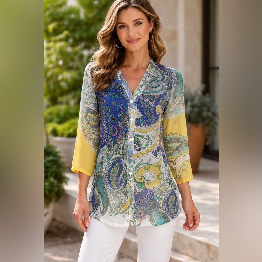 Zegna Corso Italy Paisley Tunic Blouse Boho
Sheer Lightweight Size Small